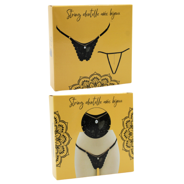 String noir en dentelle avec bijou et chaîne dorée 